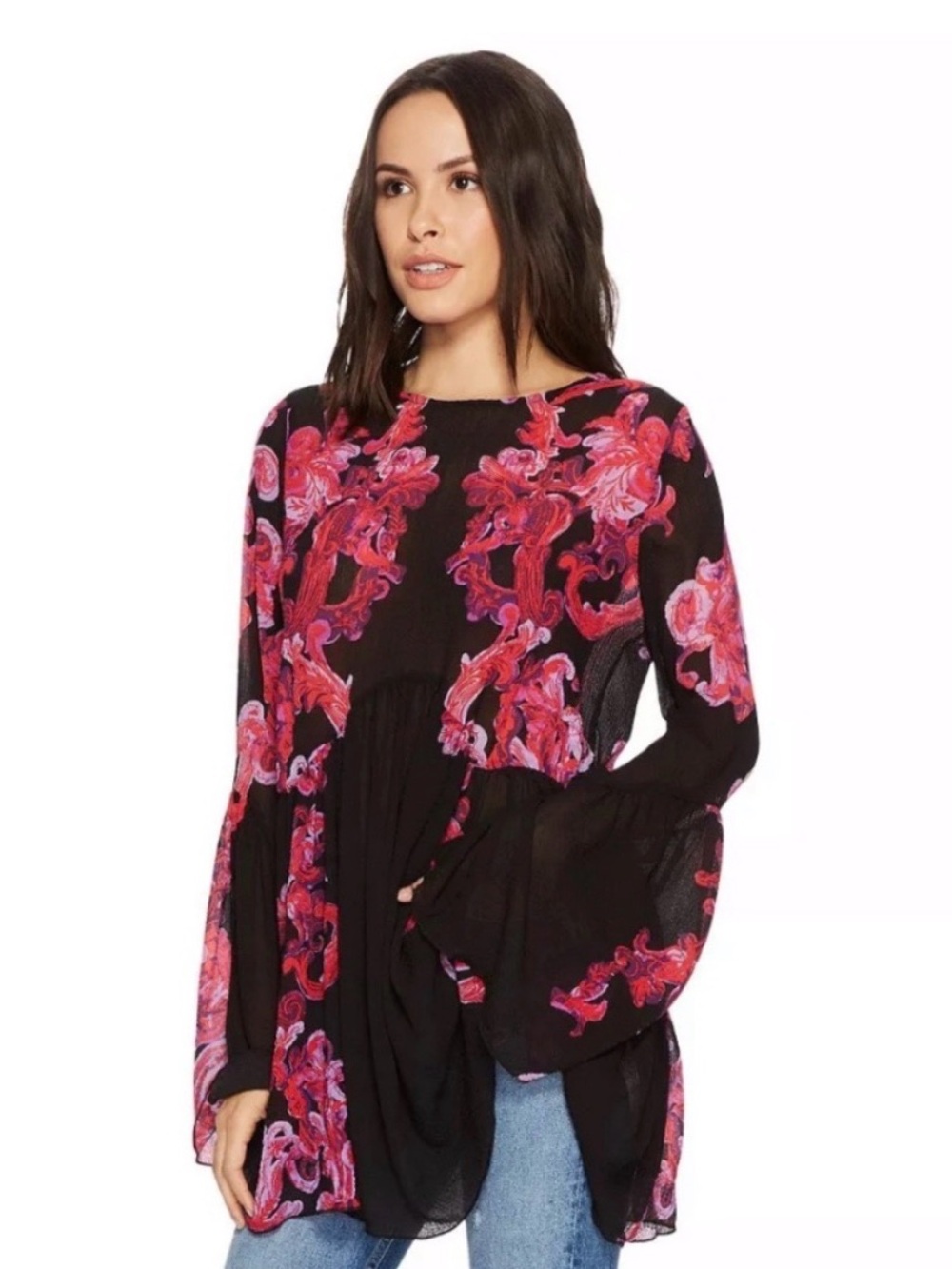 Free People Intimately Bell Sleeve Babydoll Tunic Dress XS Boho Gothic EUC